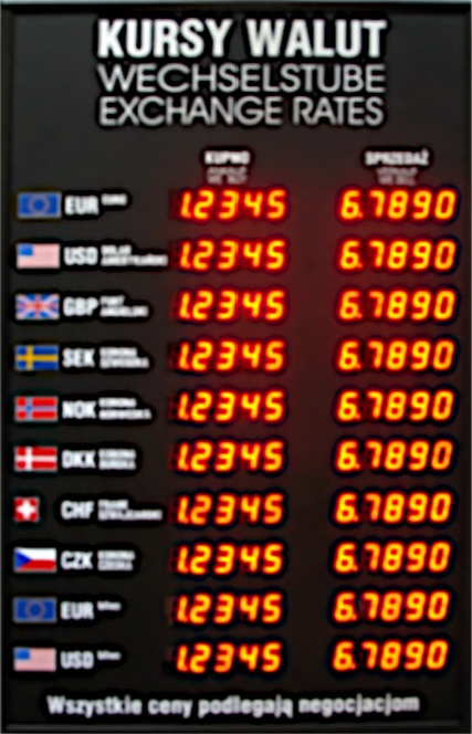 Currency exchange rate display for a currency exchange office in Warsaw.